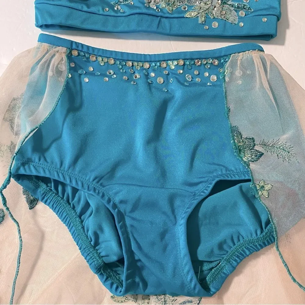 Solo custom dance costume 2 piece teal lyrical  rhinestoned embroidered MC child